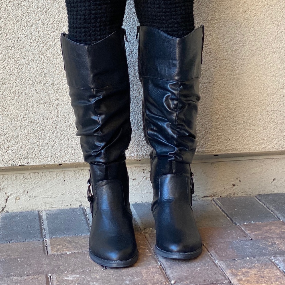Black Knee High Slouchy Flat Boots Wide Fit Style - Picture 6 of 10